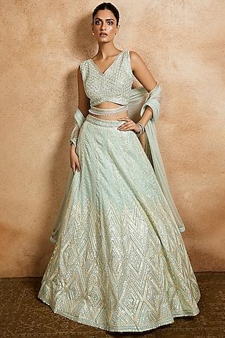 aqua georgette embroidered lehenga set