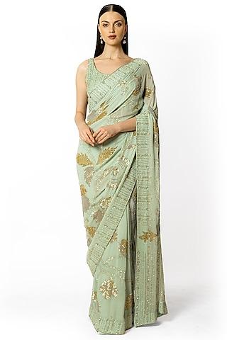 aqua georgette hand embroidered saree set