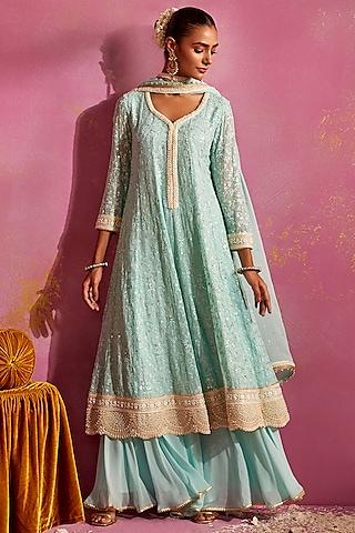 aqua georgette lucknowi thread work anarkali set