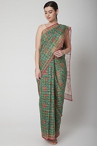 aqua green & peach silk organza floral hand block printed saree