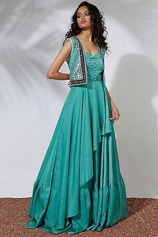 aqua green anarkali with embroidered jacket