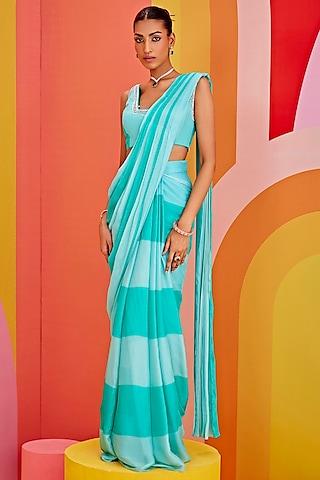 aqua green chiffon pre-draped saree set