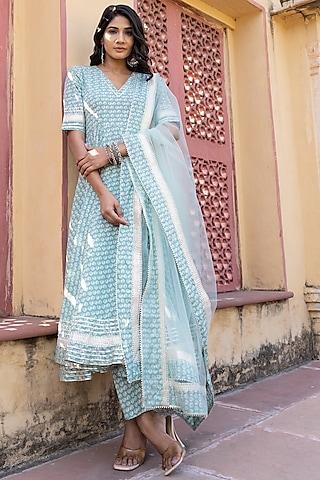 aqua green cotton printed & gota patti work anarkali set