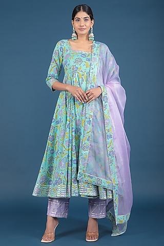 aqua green cotton printed anarkali set