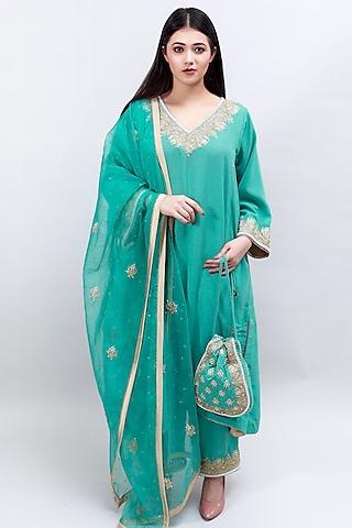 aqua green embroidered kurta set