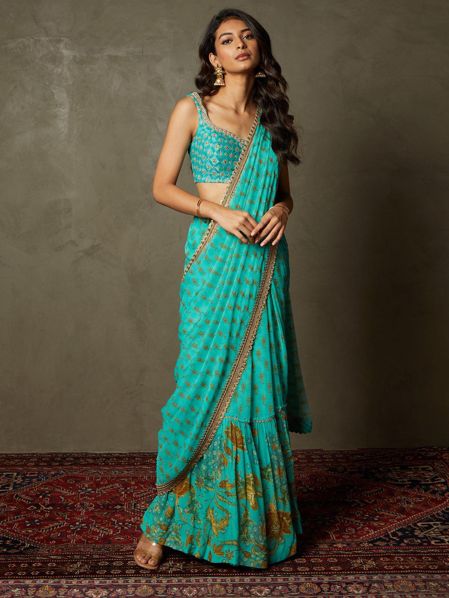 aqua green jardin floral saree with stitched blouse (set of 2)