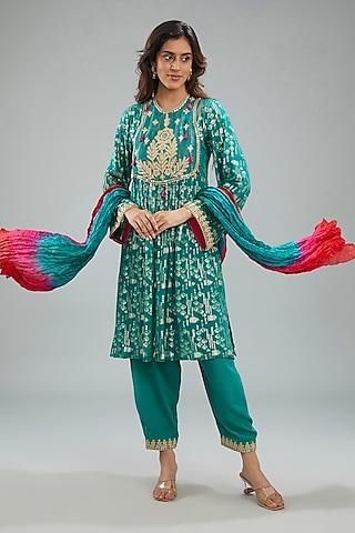 aqua green lurex woven georgette dori machine embroidered kurta set