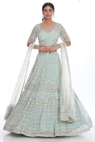 aqua green net embroidered lehenga set