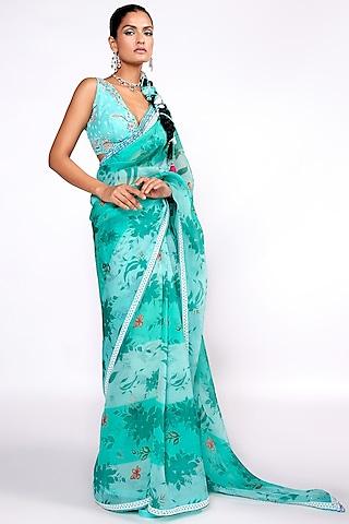 aqua green organza printed saree set