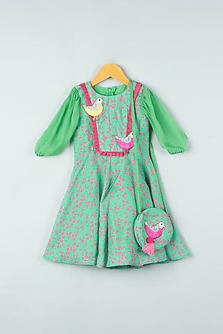 aqua green printed & embroidered jumpsuit with sling bag for girls