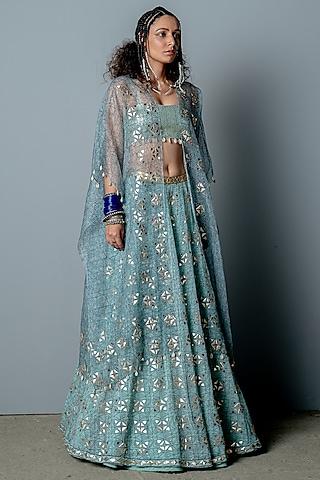 aqua hand block printed & hand embroidered lehenga set