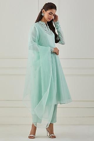 aqua hand embroidered anarkali set