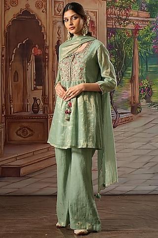 aqua handwoven tissue silk embroidered gathered kurta set