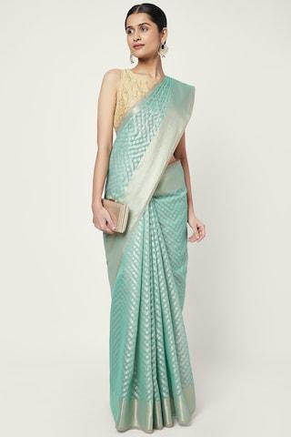 aqua jacquard cotton polyester sari