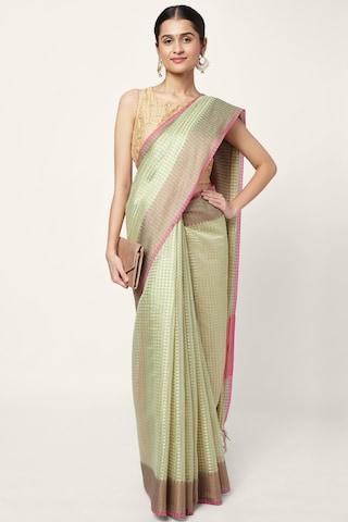 aqua jacquard cotton polyester sari