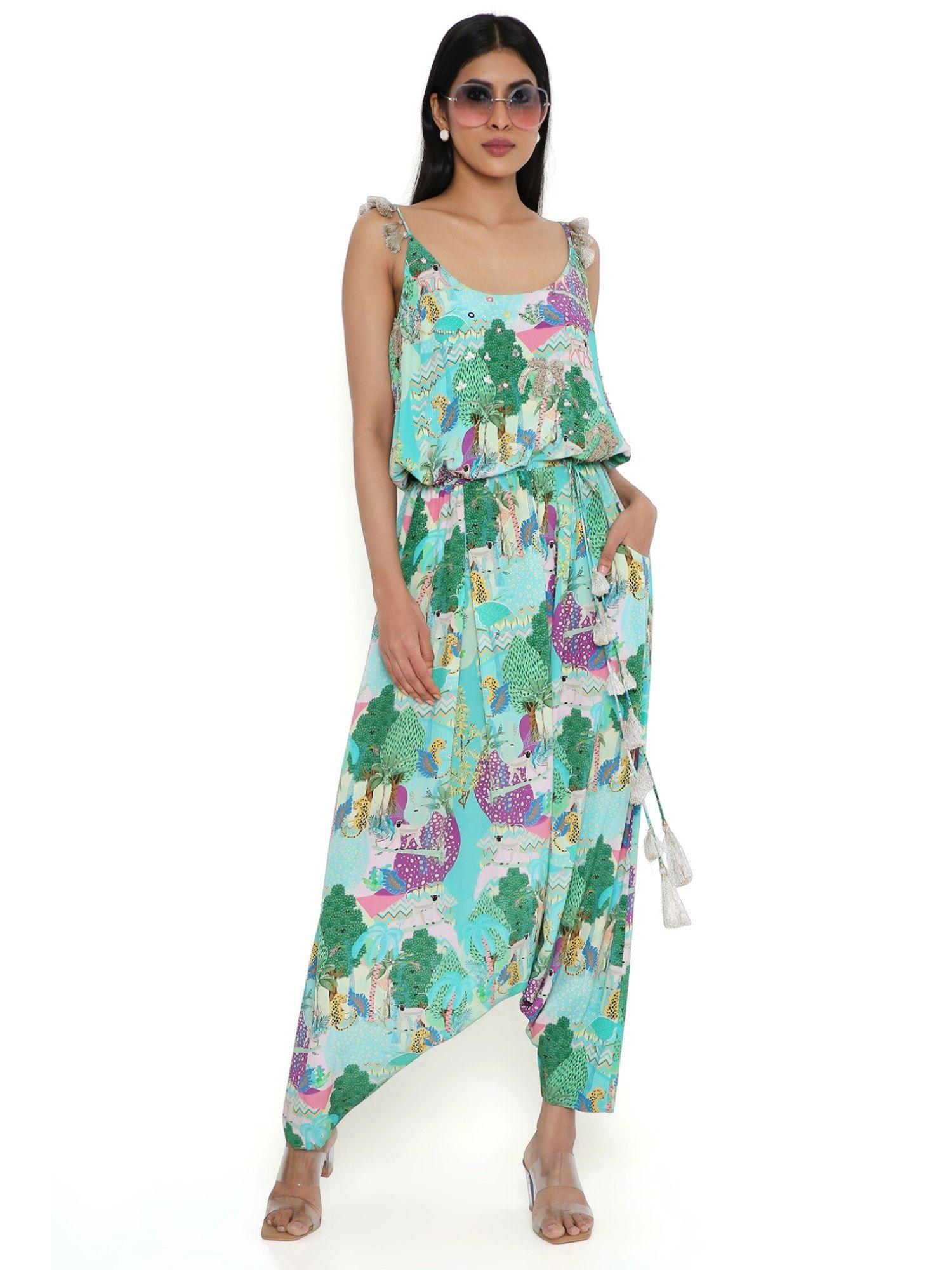 aqua kuno print crepe embroidered jumpsuit