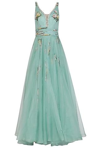 aqua marine printed anarkali gown with dupatta