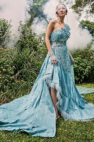 aqua marine satin & net sequin embellished flared gown