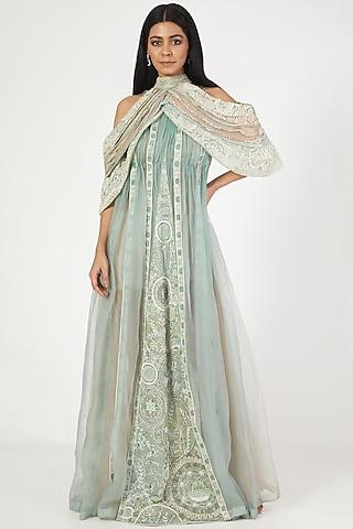 aqua mint ombre embellished gown with cape