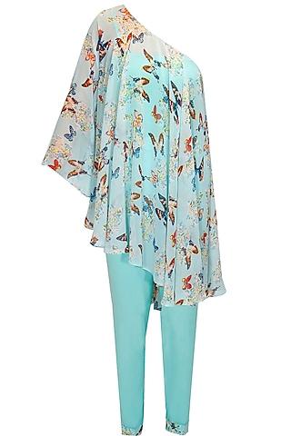 aqua off shoulder printed cape with pants