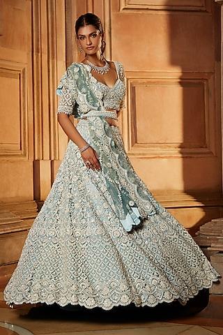 aqua ombre tulle dori embroidered lehenga set