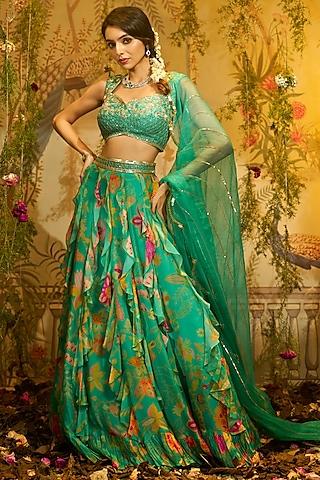 aqua organza hand embroidered & printed frilled lehenga set