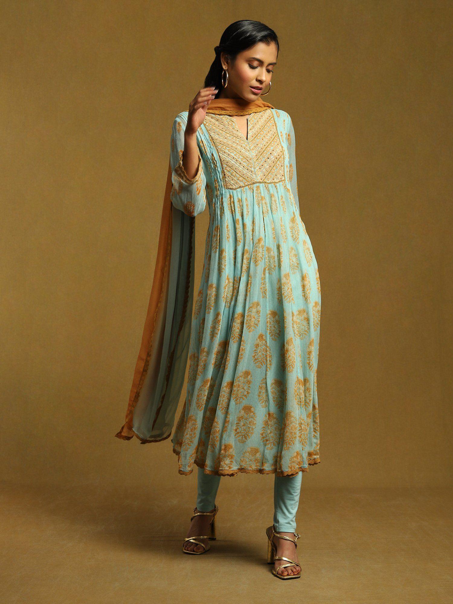 aqua paisley print embroidered kurta with leggings dupatta and inner (set of 4)