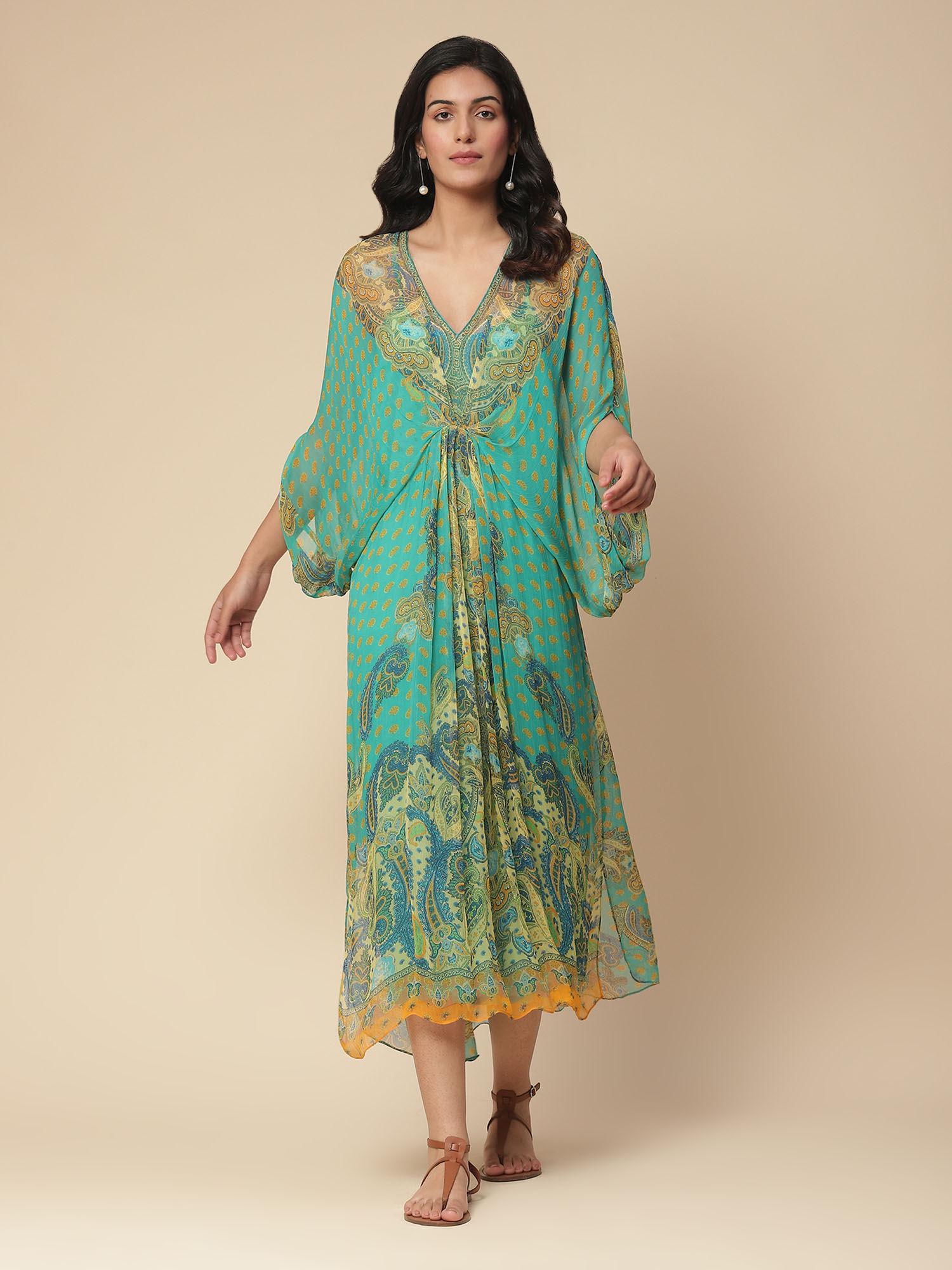 aqua paisley print kaftan dress with inner (set of 2)