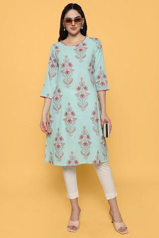 aqua print casual round neck 3/4th sleeves full length women straight fit kurta