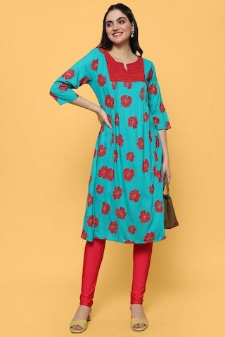 aqua print casual rounded v-neck 3/4th sleeves below-knee women a-line fit kurta