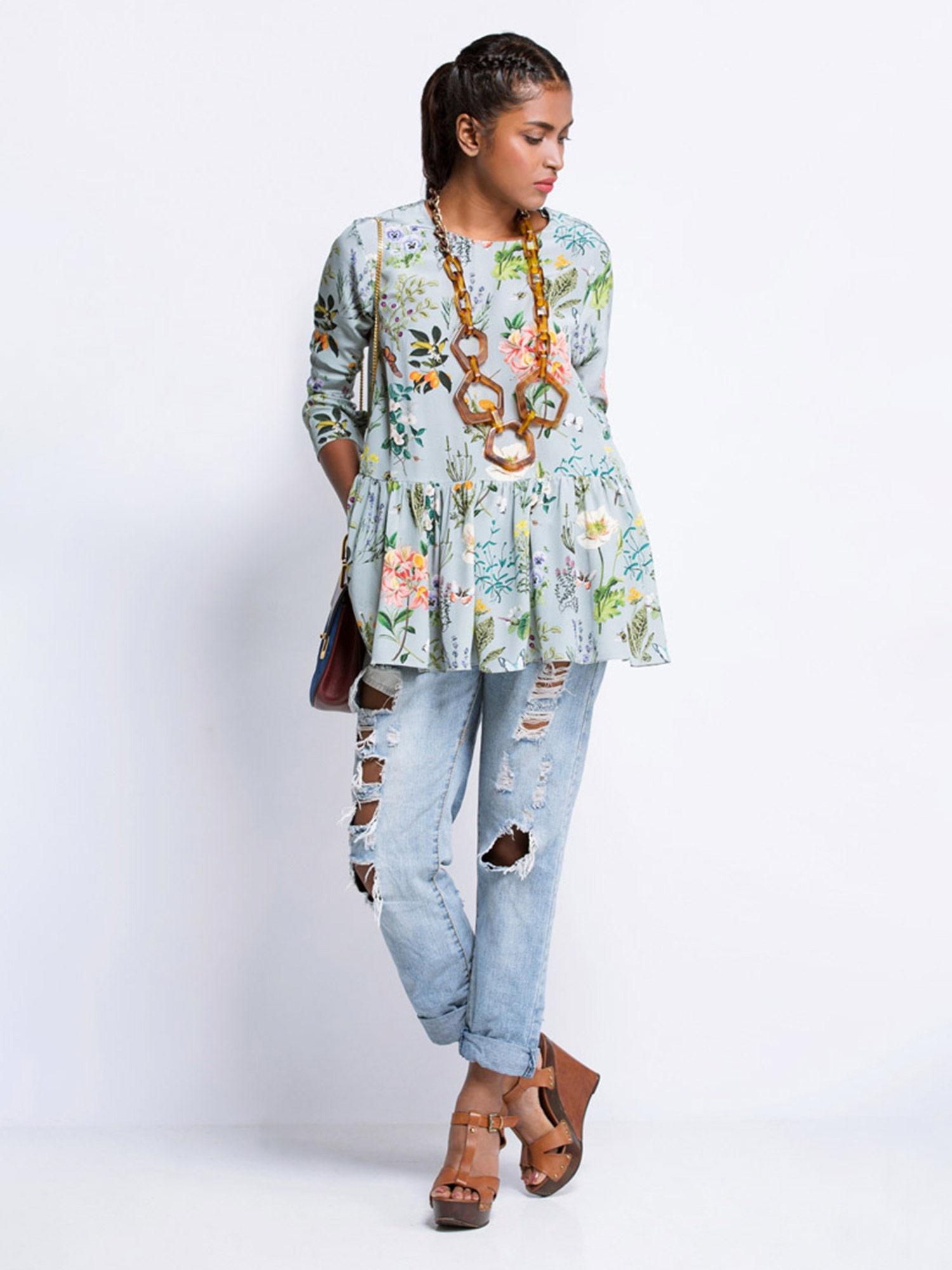 aqua print crepe short frill tunic