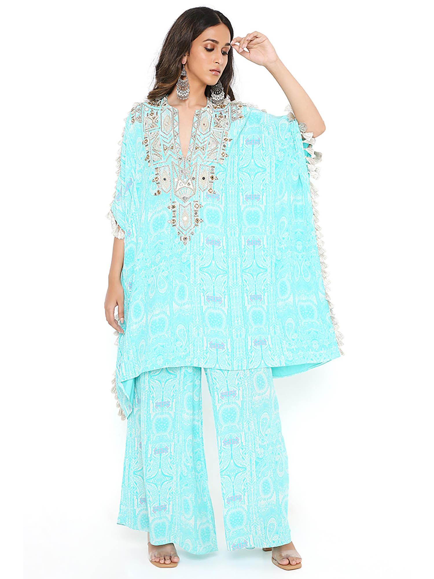 aqua print embroidered kaftan with palazzo (set of 2)