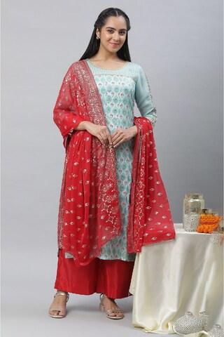 aqua print ethnic 3/4th sleeves round neck women regular fit kurta dupatta palazzo set