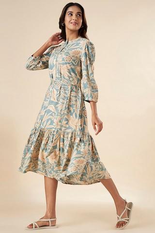 aqua print mandarin casual calf-length 3/4th sleeves women flared fit dress