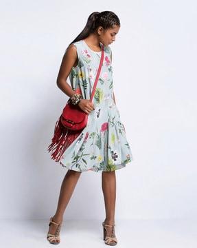 aqua printed crepe frill dress