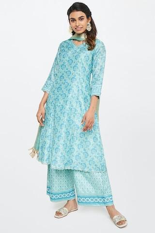 aqua printed ethnic v neck 3/4th sleeves ankle-length women flared fit kurta dupatta palazzo set