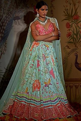 aqua raw silk embroidered lehenga set