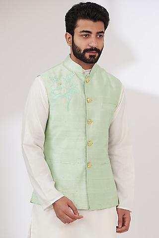 aqua raw silk embroidered nehru jacket