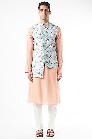 aqua raw silk floral nehru jacket