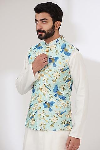 aqua raw silk printed nehru jacket