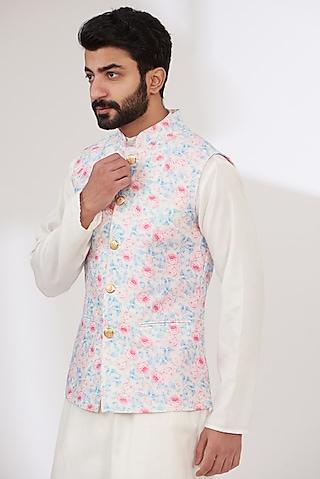 aqua raw silk printed nehru jacket