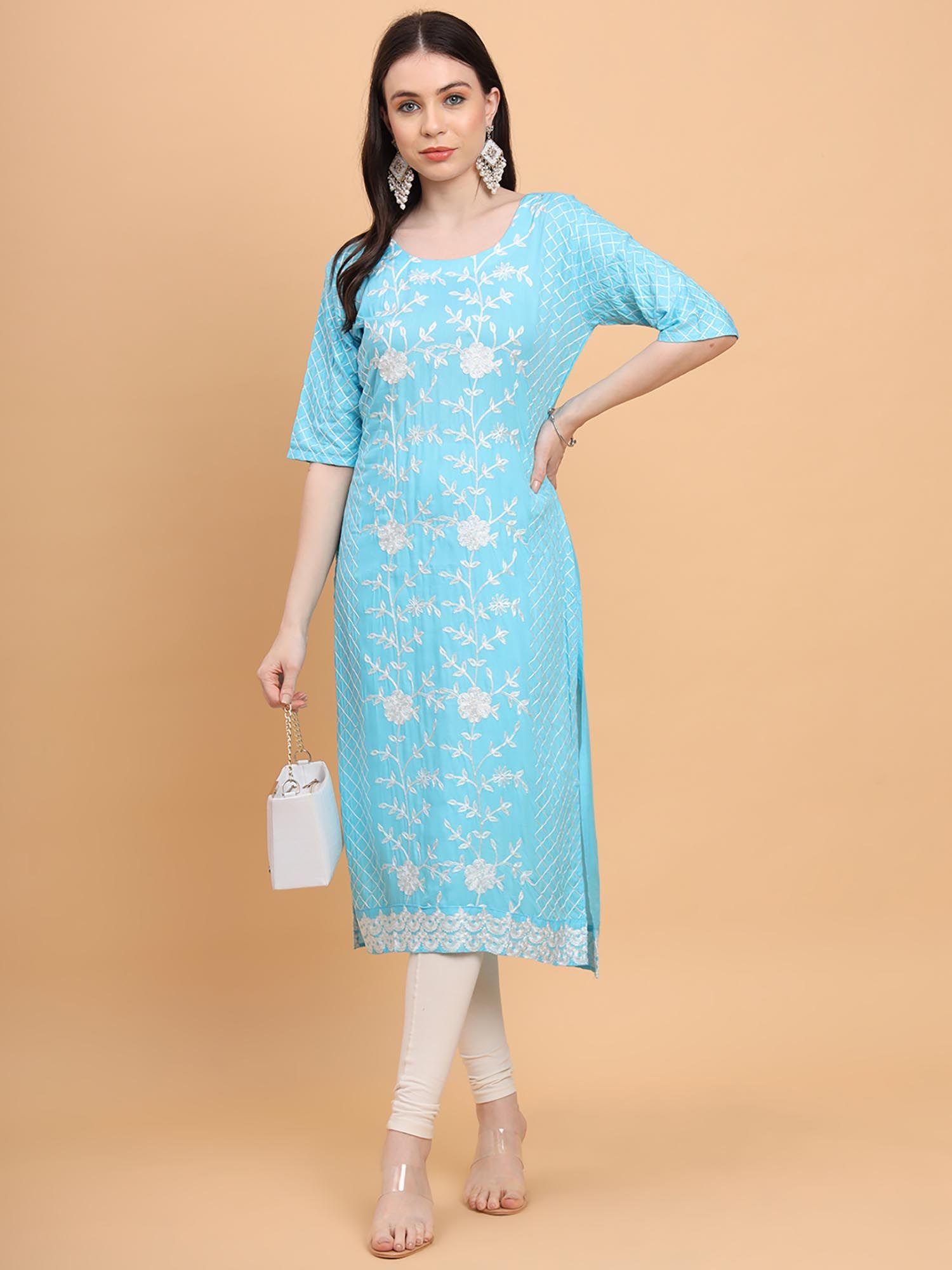 aqua rayon lucknowi chikankari work straight kurta