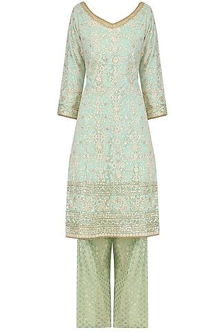 aqua sequins embroidered kurta with banarasi palazzo pants