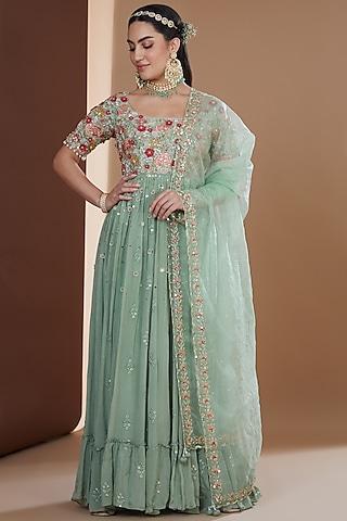 aqua silk & chinon chiffon embroidered anarkali set