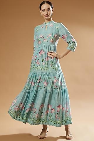 aqua silk printed dress