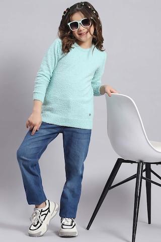 aqua solid casual full sleeves round neck girls regular fit sweater