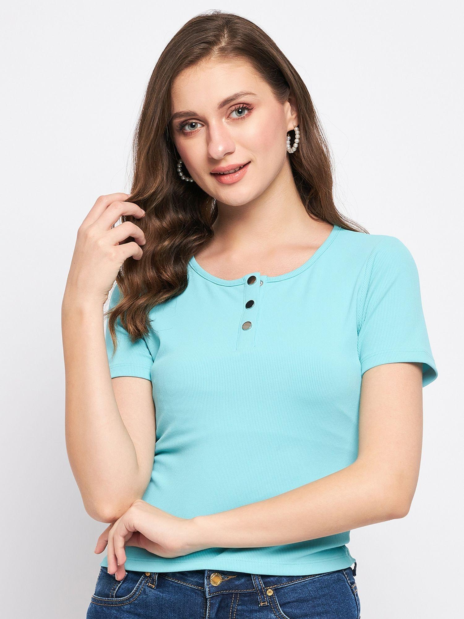 aqua solid henley neck tops