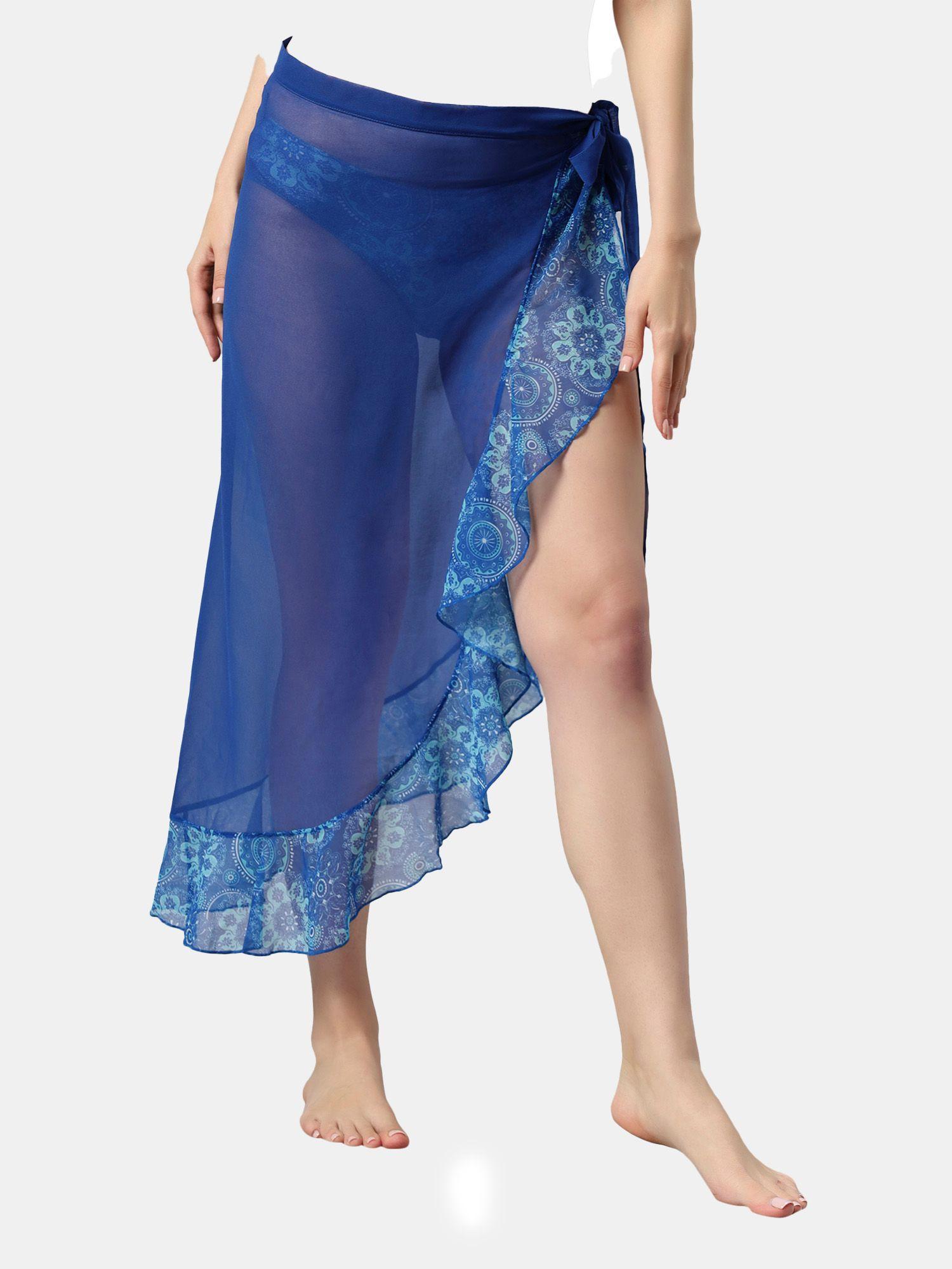 aqua swimwear blue solid and printed wrap around sarong cover up