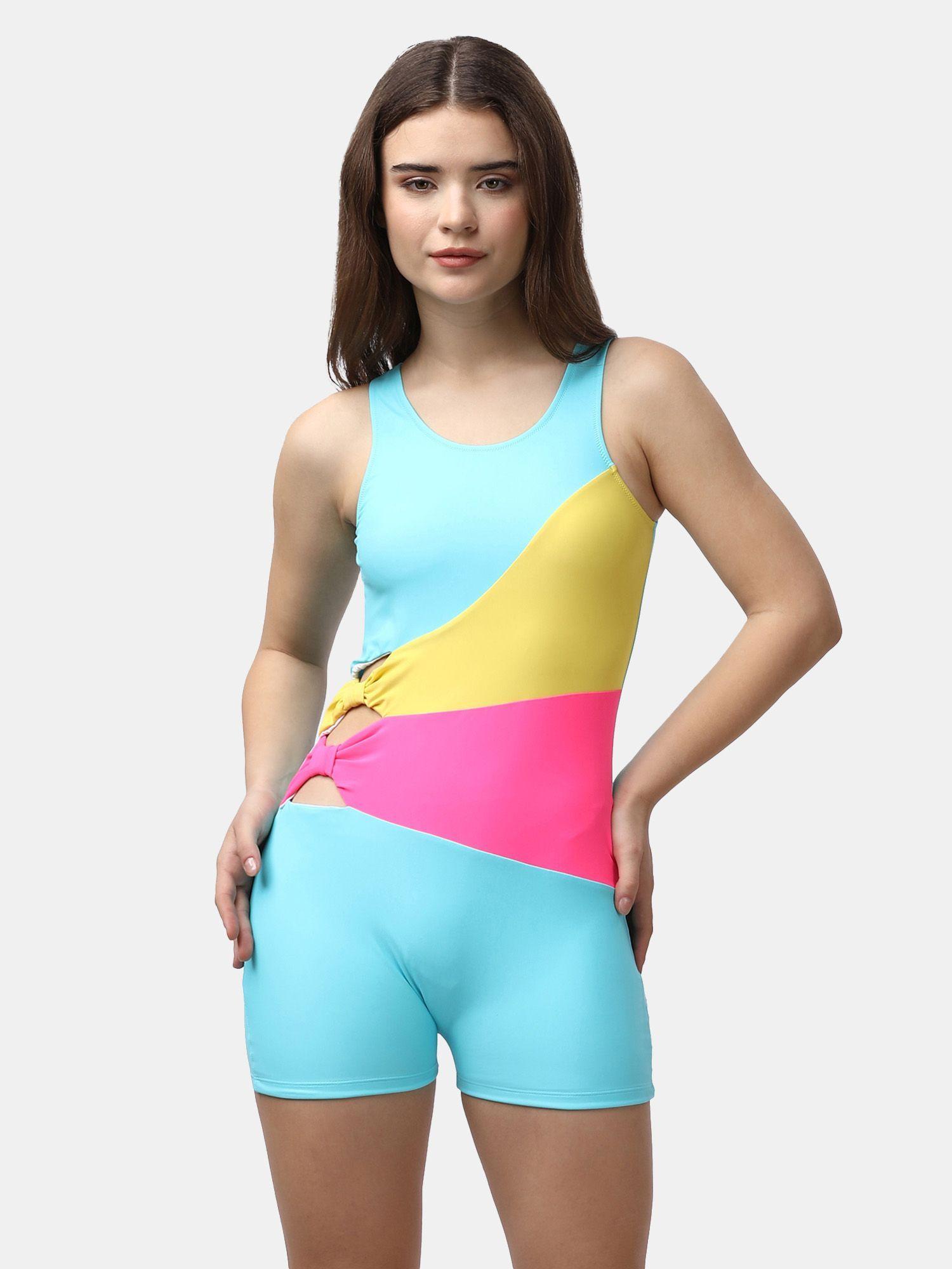 aqua swimwear colour blocked asymmetric swimsuit with bow detailing