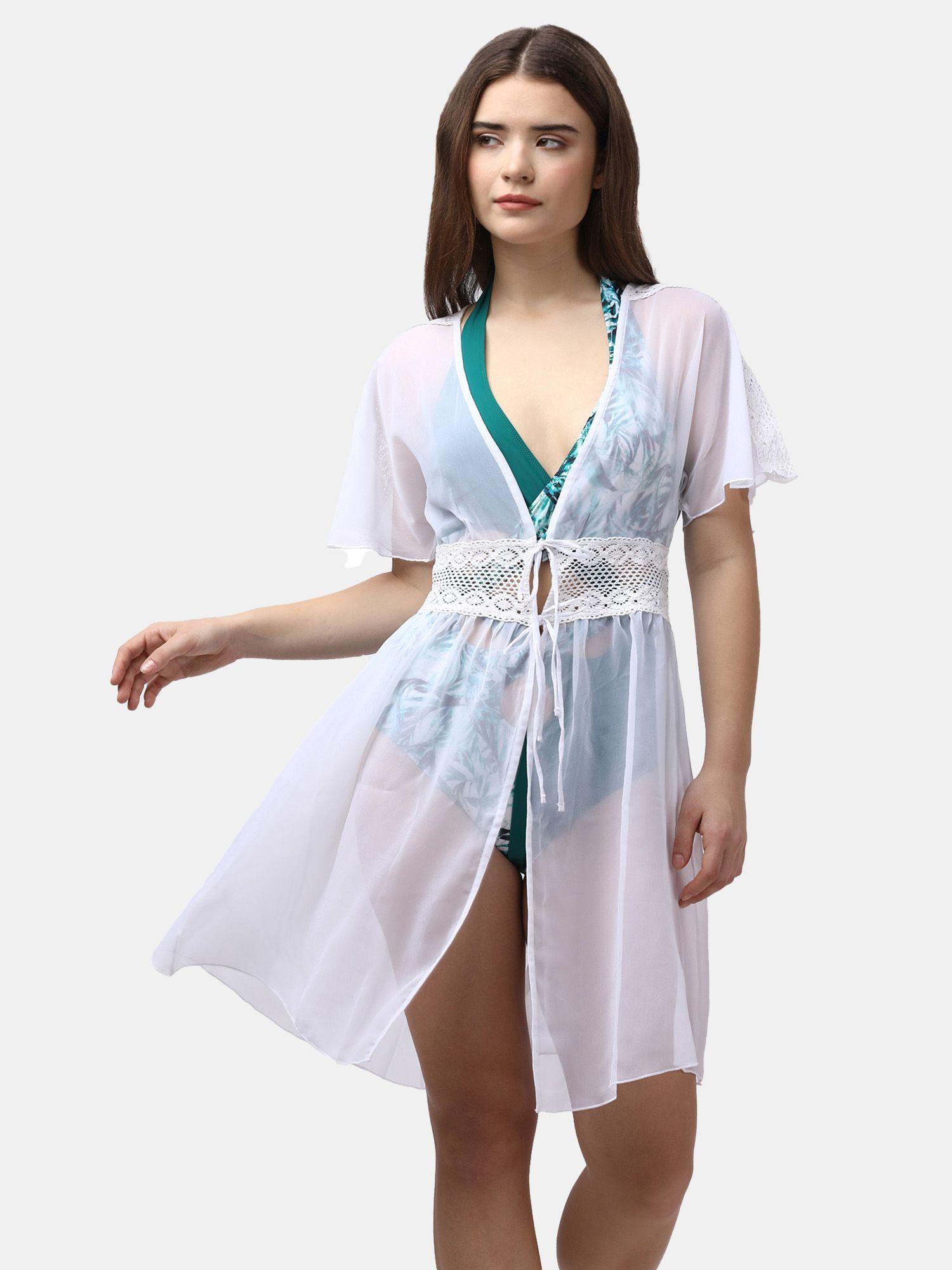 aqua swimwear crocheted half sleeves white sheer robe cover up